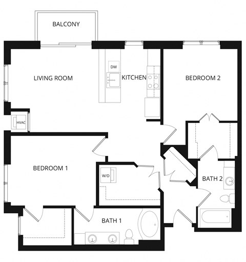Floor plan for 2 beds, 2 baths, 1171 sqft