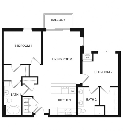 Floor plan for 2 beds, 2 baths, 1100 sqft
