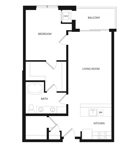 Floor plan for 1 bed, 1 bath, 835 sqft