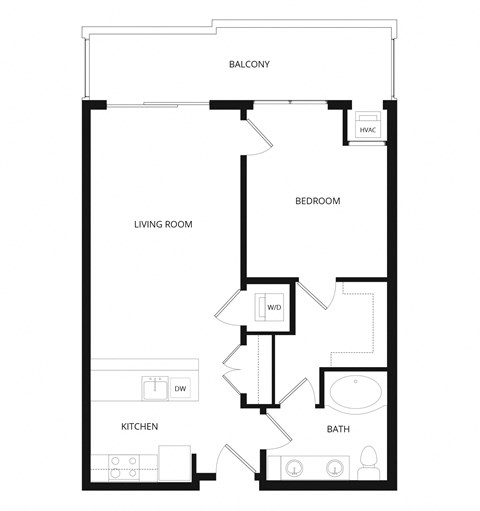 Floor plan for 1 bed, 1 bath, 750 sqft