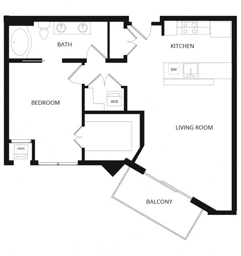 Floor plan for 1 bed, 1 bath, 859 sqft