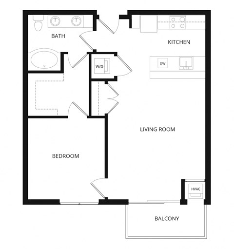 Floor plan for 1 bed, 1 bath, 841 sqft