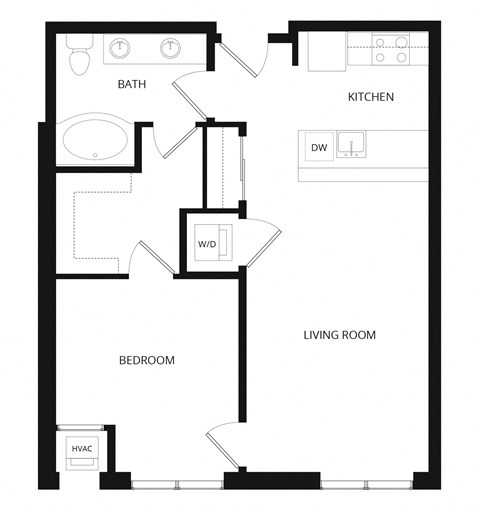 Floor plan for 1 bed, 1 bath, 745 sqft