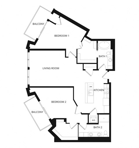 Floor plan for 2 beds, 2 baths, 1354 sqft