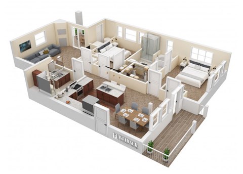 Floor plan for 2 beds, 2 baths, 1342 sqft