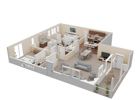 Floor plan for 2 beds, 2 baths, 1273 sqft