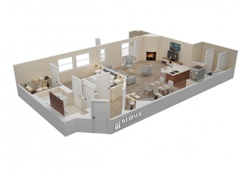Floor plan for 1 bed, 1 bath, 975 sqft