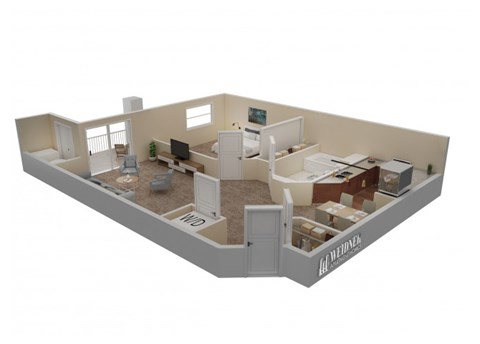 Floor plan for 1 bed, 1 bath, 884 sqft