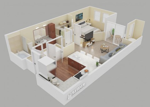 Floor plan for 1 bed, 1 bath, 699 sqft