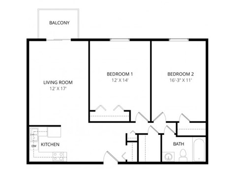 Floor plan for 2 beds, 1 bath, 965 sqft