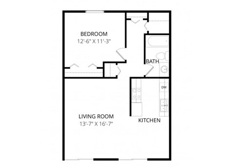 Floor plan for 1 bed, 1 bath, 700 sqft