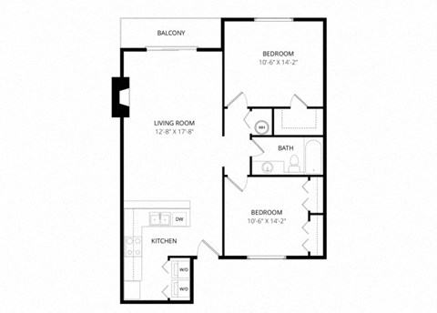 Floor plan for 2 beds, 1 bath, 867 sqft