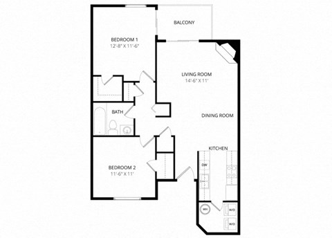 Floor plan for 2 beds, 1 bath, 853 sqft