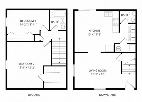 Floor plan for 2 beds, 1.5 baths, 1067 sqft