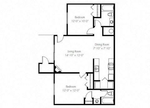Floor plan for 2 beds, 2 baths, 905 sqft