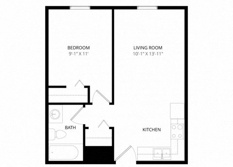 Floor plan for 1 bed, 1 bath, 460 sqft