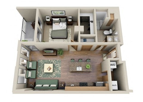 Floor plan for 1 bed, 1 bath, 740 sqft
