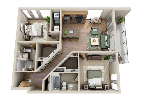 Floor plan for 2 beds, 2 baths, 1041 sqft