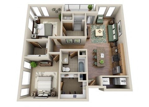 Floor plan for 2 beds, 2 baths, 1067 sqft