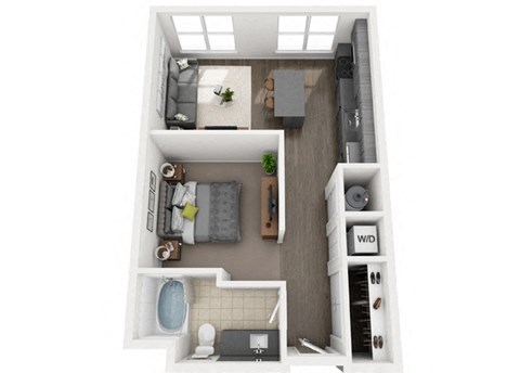 Floor plan for studio, 1 bath, 629 sqft