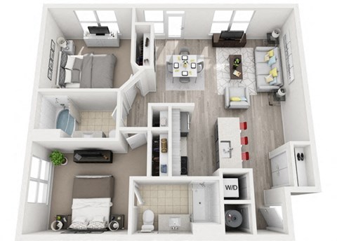 Floor plan for 2 beds, 2 baths, 1001 sqft