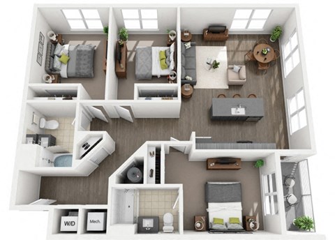 Floor plan for 3 beds, 2 baths, 1310 sqft