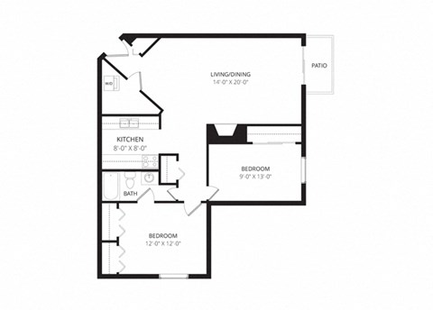 Floor plan for 2 beds, 1 bath, 907 sqft