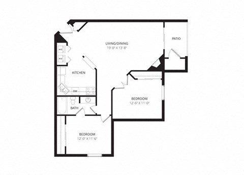 Floor plan for 2 beds, 1 bath, 950 sqft