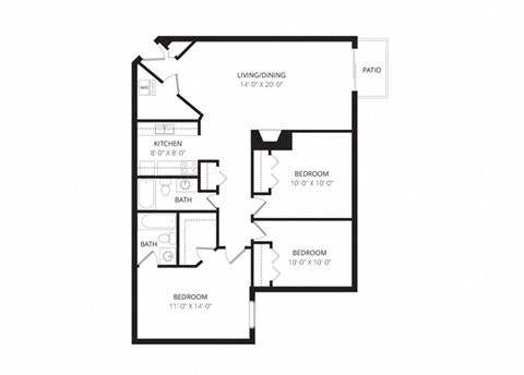 Floor plan for 3 beds, 2 baths, 1124 sqft