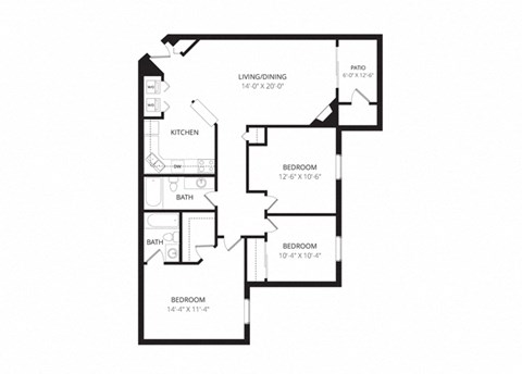Floor plan for 3 beds, 2 baths, 1200 sqft