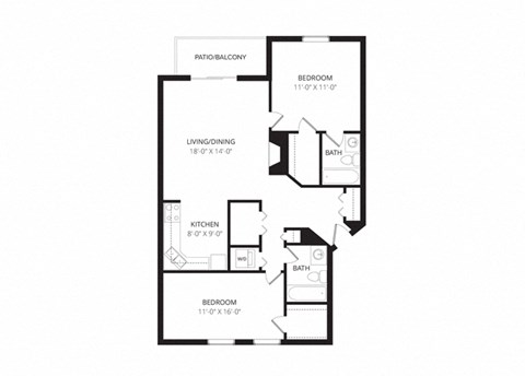 Floor plan for 2 beds, 2 baths, 994 sqft