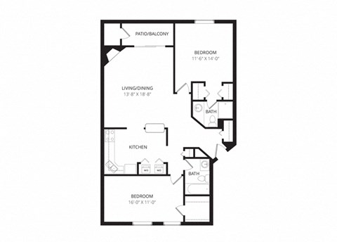 Floor plan for 2 beds, 2 baths, 1124 sqft