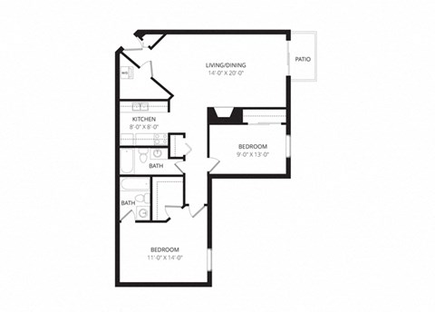 Floor plan for 2 beds, 2 baths, 947 sqft