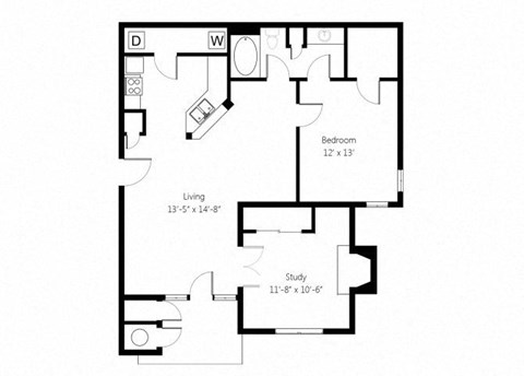 Floor plan for 1 bed, 1 bath, 890 sqft