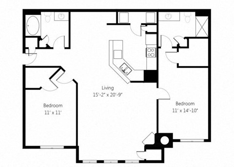 Floor plan for 2 beds, 2 baths, 1178 sqft