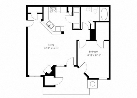 Floor plan for 1 bed, 1 bath, 767 sqft