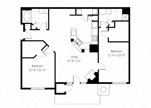 Floor plan for 2 beds, 2 baths, 1073 sqft