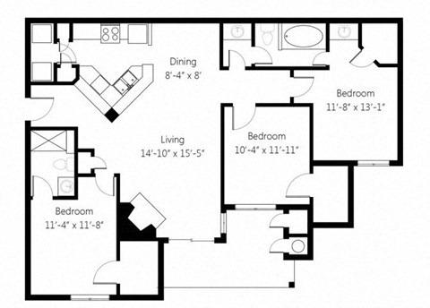 Floor plan for 3 beds, 2 baths, 1370 sqft