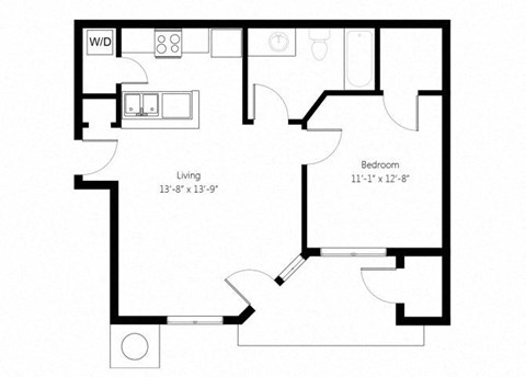 Floor plan for 1 bed, 1 bath, 558 sqft