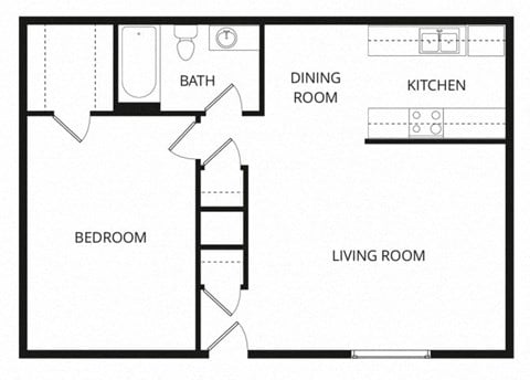 Floor plan for 1 bed, 1 bath, 654 sqft