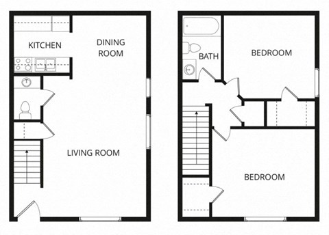 Floor plan for 2 beds, 1.5 baths, 932 sqft