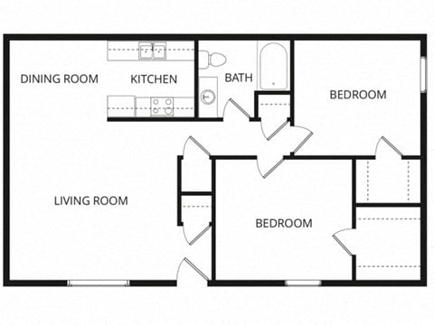Floor plan for 2 beds, 1 bath, 799 sqft