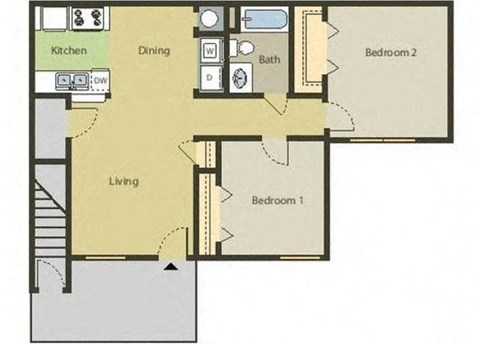 Floor plan for 2 beds, 1 bath, 871 sqft