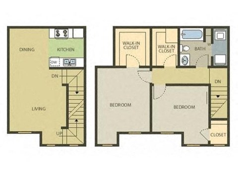 Floor plan for 2 beds, 1 bath, 1037 sqft