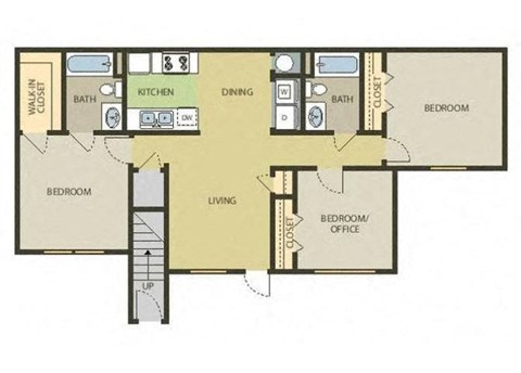 Floor plan for 3 beds, 2 baths, 1081 sqft