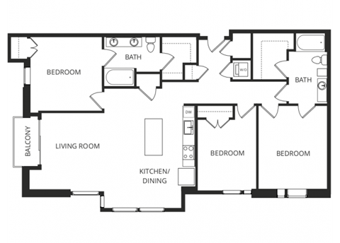 Floor plan for 3 beds, 2 baths, 1449 sqft