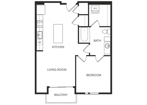 Floor plan for 1 bed, 1 bath, 743 sqft