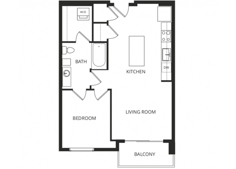 Floor plan for 1 bed, 1 bath, 679 sqft