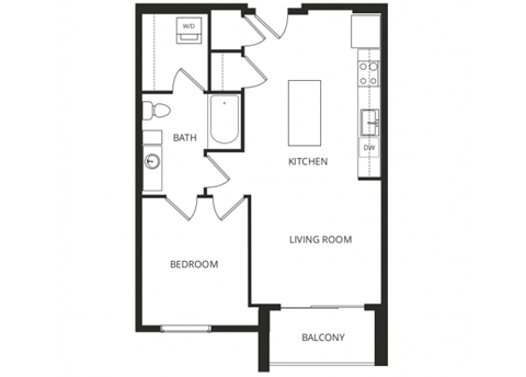 Floor plan for 1 bed, 1 bath, 679 sqft