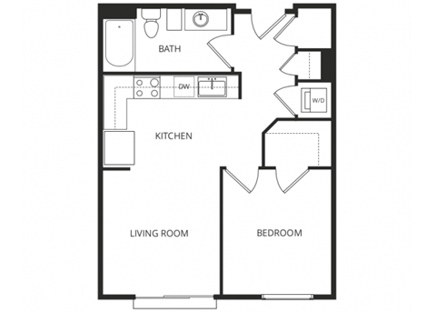 Floor plan for 1 bed, 1 bath, 604 sqft